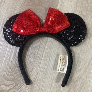 Disney Parks Minnie Mouse Ears Headband Sequin Red‎ Bow Black Unisex